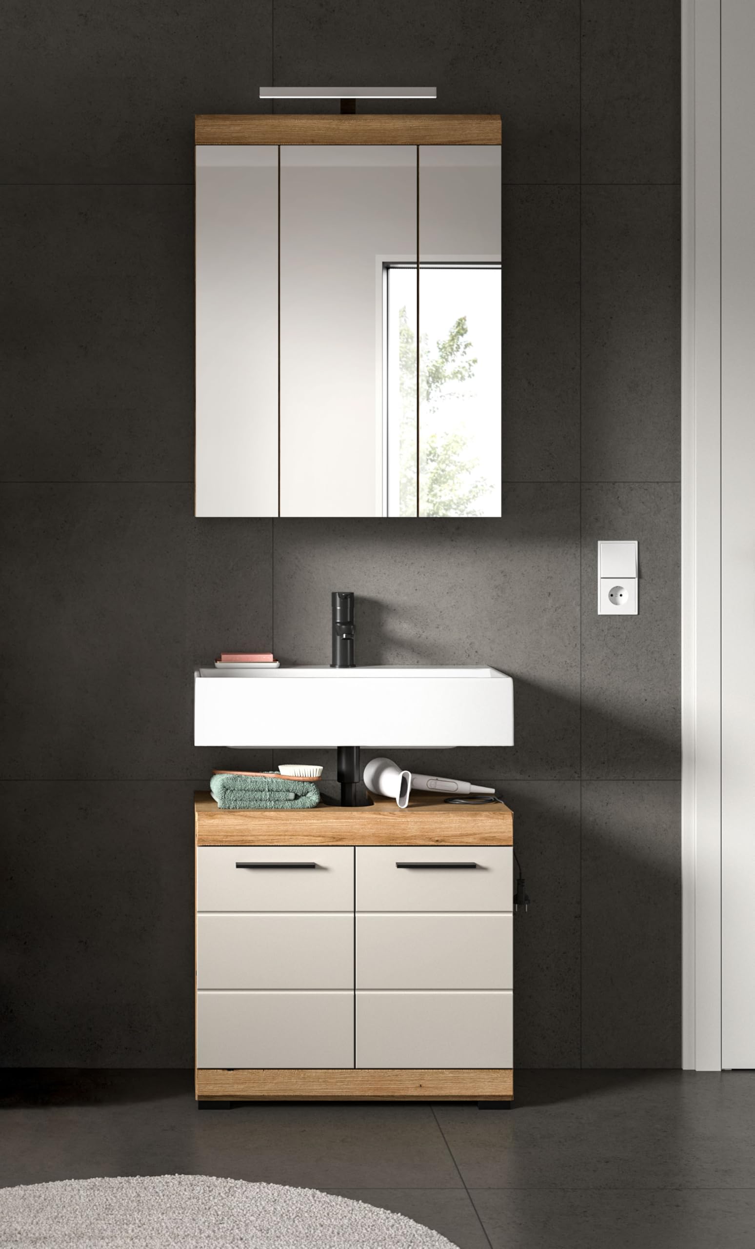 xonox.home – Badkombination Scout 60x191x34 cm in Evoak Oak und Kaschmir Nachbildung matt – Schmale Badkombination mit viel Stauraum – platzsparend – Bild 6