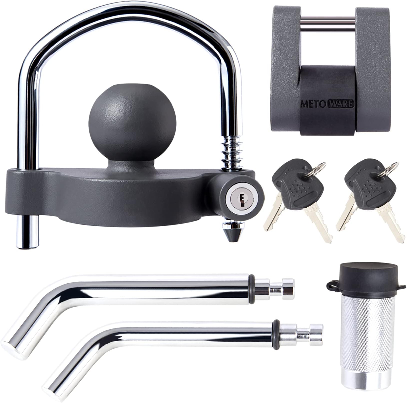 METOWARE Keyed Alike Trailer Receiver Lock& Coupler Lock Kit, 1/2" and 5/8" Dia Dual Bent Pin Hitch Lock, 1/4” Dia 3/4” Inch Span Coupler Lock, Universal Tow Ball Lock Fits 1-7/8",2' 2-5/16" Coupler