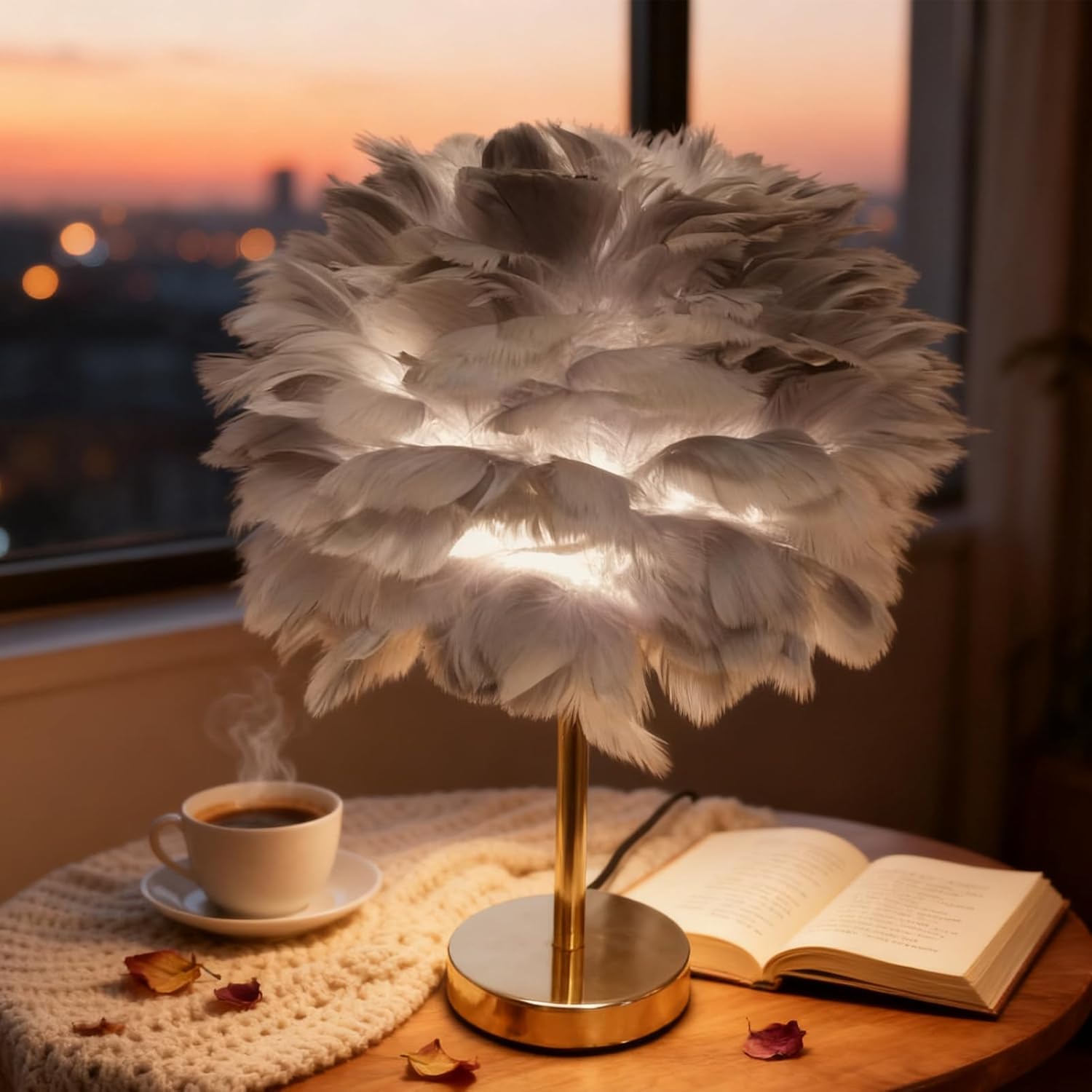 Gray Feather Table Lamp with Gold Finish - 3 Color Changing LED Bedside Desk Lamp, Modern Decor for Bedroom Office Hotel, Ideal Birthday Gift for Him