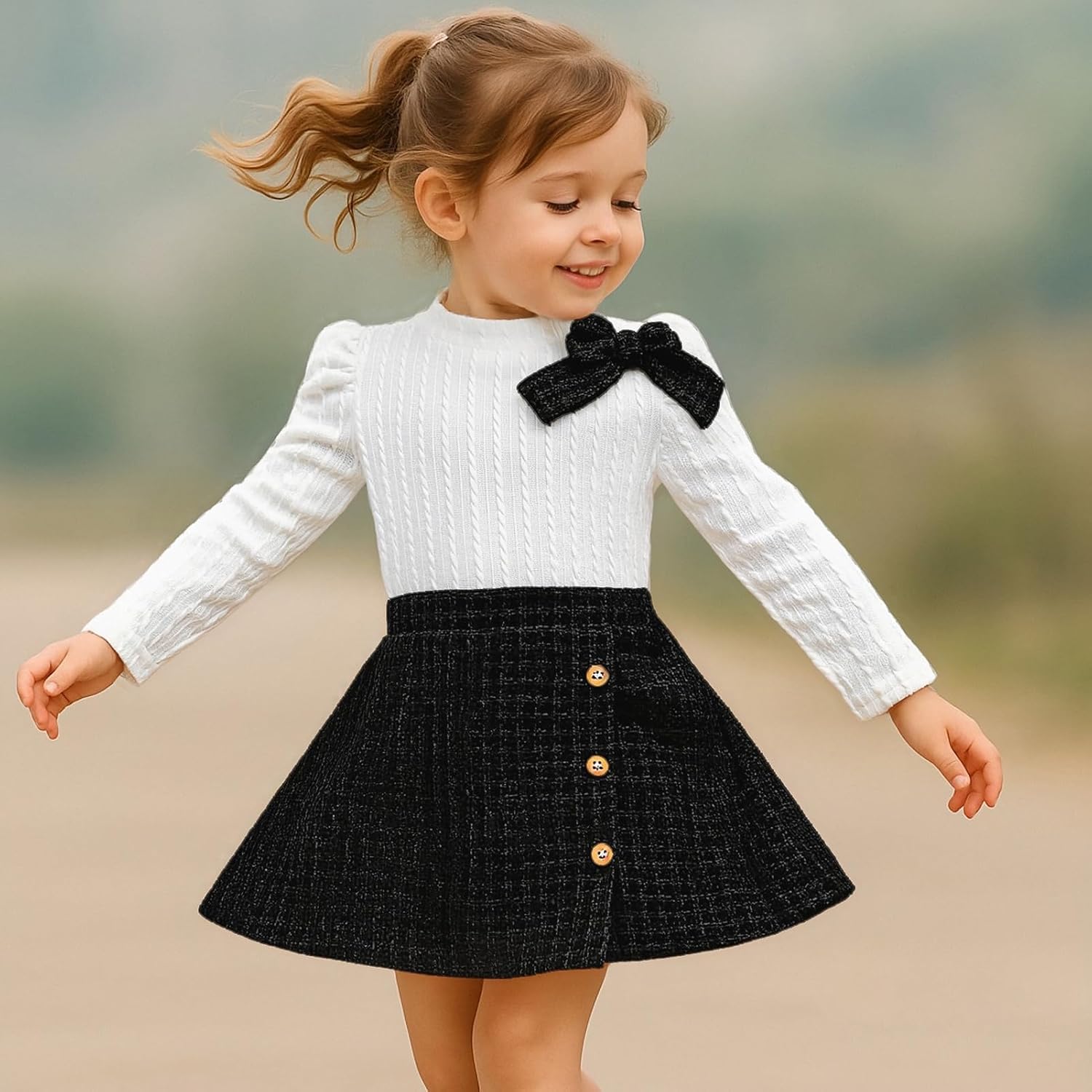 Toddler Girl Plaid Outfits Fall Winter Dress Knit Ribbed Bow Sweatshirt Tops and Button Fashion Skirts Set
