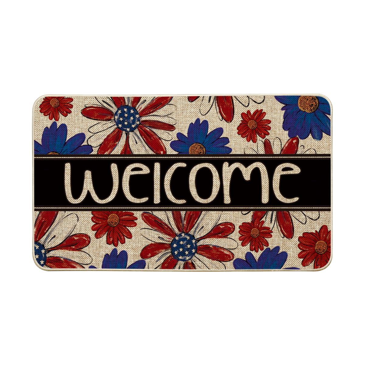 Artoid Mode Welcome Flowers Patriotic 4TH of July Doormat, Low-Profile Switch Rug Memorial Day Home Decor Door Mat Floor Mat for Indoor Outdoor 17x29