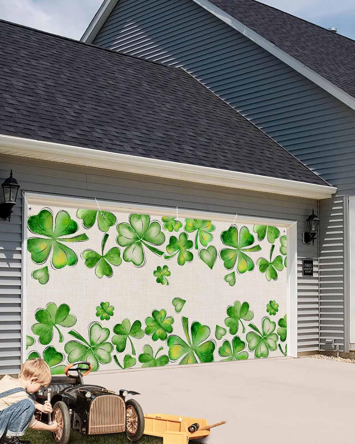 Green St. Patrick's Day Garage Door Cover Decorations 7x16 Ft, Lucky Clovers Botanical Rustic Decorative Garage Door Banner, Large Outdoor Garage Hanging Backdrop Mural for Party/Holiday