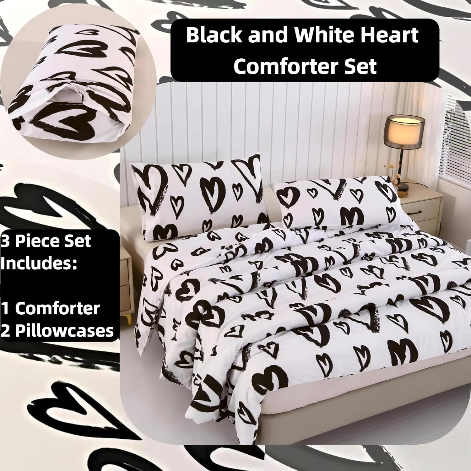 SDIII 3PCS Love Heart Comforter Set Queen, Soft Microfiber Lightweight Heart Comforter Queen, Black and White Romantic Bedding Set for Kids and Adults