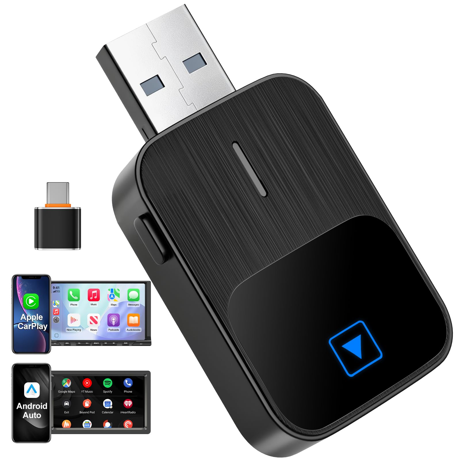 Mineup Adapter Wireless Android CarPlay, 2 in 1 Chiavetta per Convertire Cablato in Wireless, Supporta iOS 10+ e Android 11+