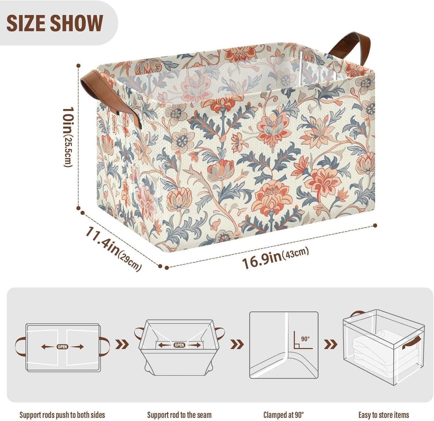 William Morris Fabric Storage Bins Baskets Closet Storage Bins with Handles Cube Organizer for Shelves Cupboards Drawer 1 Pack