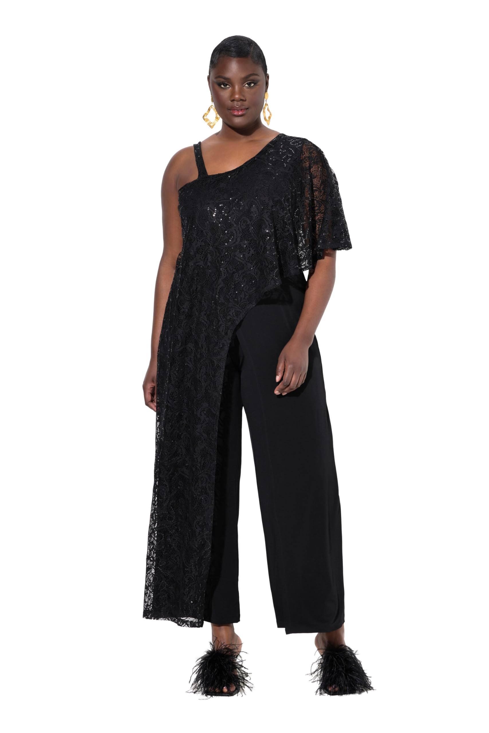 Ulla Popken Damen große Größen Übergrößen Plus Size Jumpsuit, Spitzen-Überwurf, weites Bein, Pailletten 838225