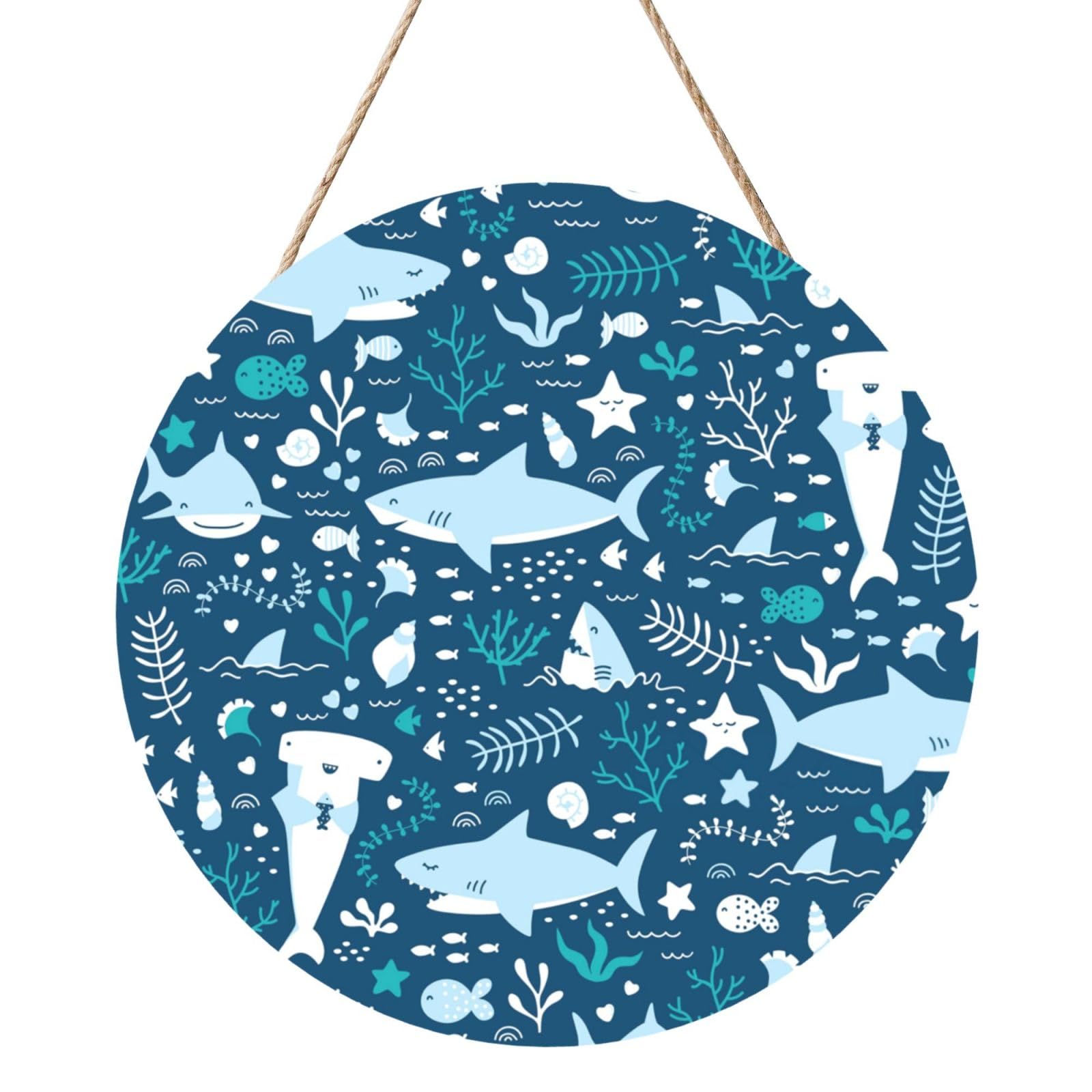 InOmak Smiling Shark Sea Animals Fishes Starfish Blue, Round Wood Panel Painting 12 in, Wall Hanging Painting For Home