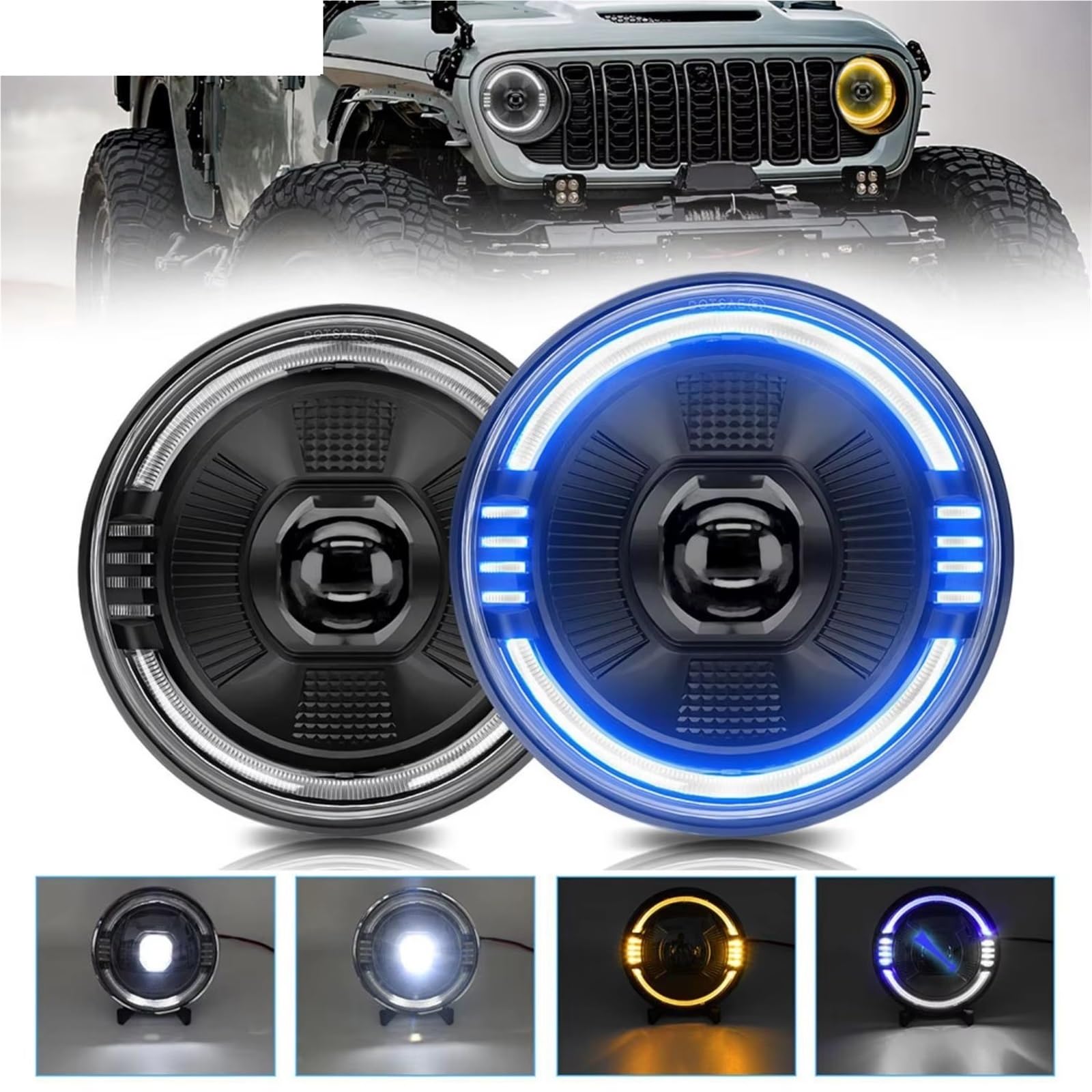LED Redondo Azul DRL Para Jeep Para Wrangler SUV H4 6000K 32V 7 Pulgadas Faro De Alta Potencia 250W 30000LM Faros