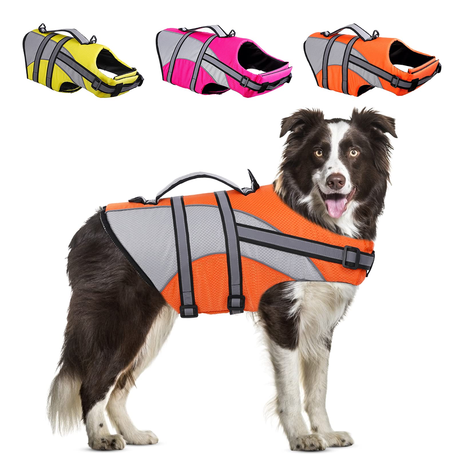 KOESON Ripstop Dog Life Jacket, Dog Life Vest with Superior Buoyancy Pet Swimming Safety Vest with Rescue Handle, Dog Float Coat Dog Life Preserver Lifesaver for Small Medium Large Dogs Orange S