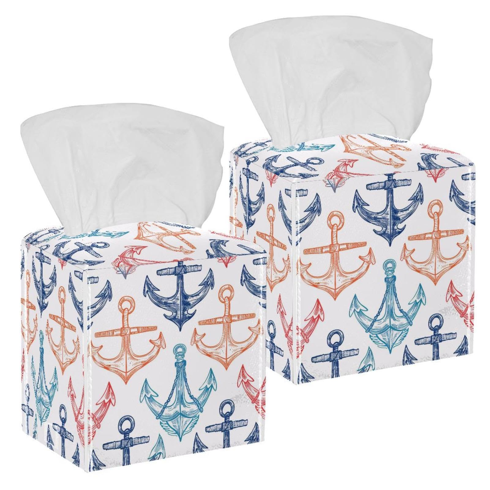 Doodle Anchor Tissue Box Cover, 2 Pack PU Leather Square Facial Tissue Dispenser Box holder for Home Office Car