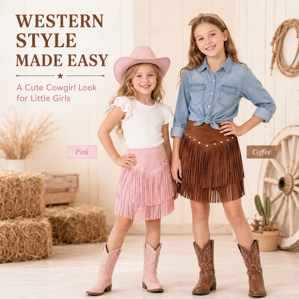 Girls Faux Suede Fringe Skirt Western Cowgirl High Waist Tassel Mini Skirt for Rodeo Country Concert 5-12 Years