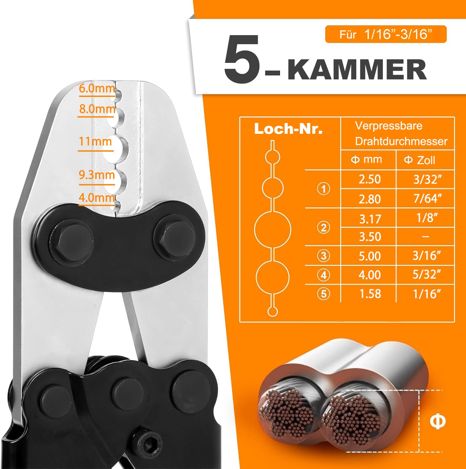 KF CPTEC Pinza crimpatrice per fune metallica 1/16" – 3/16" (1,58 – 5,0 mm) – Pinze per manicotti in alluminio & manicotti ad anello, carico pesante per pesca, ringhiere e fune metallica