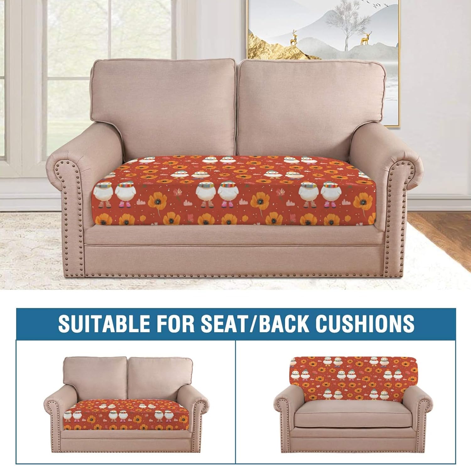 Winter Chick Flower Loveseat Covers Couch Covers for 2 Cushion Couch, 2-Piece Stretch Sofa Slipcovers Anti-Slip Washable Furniture Protectors for Dogs Pets