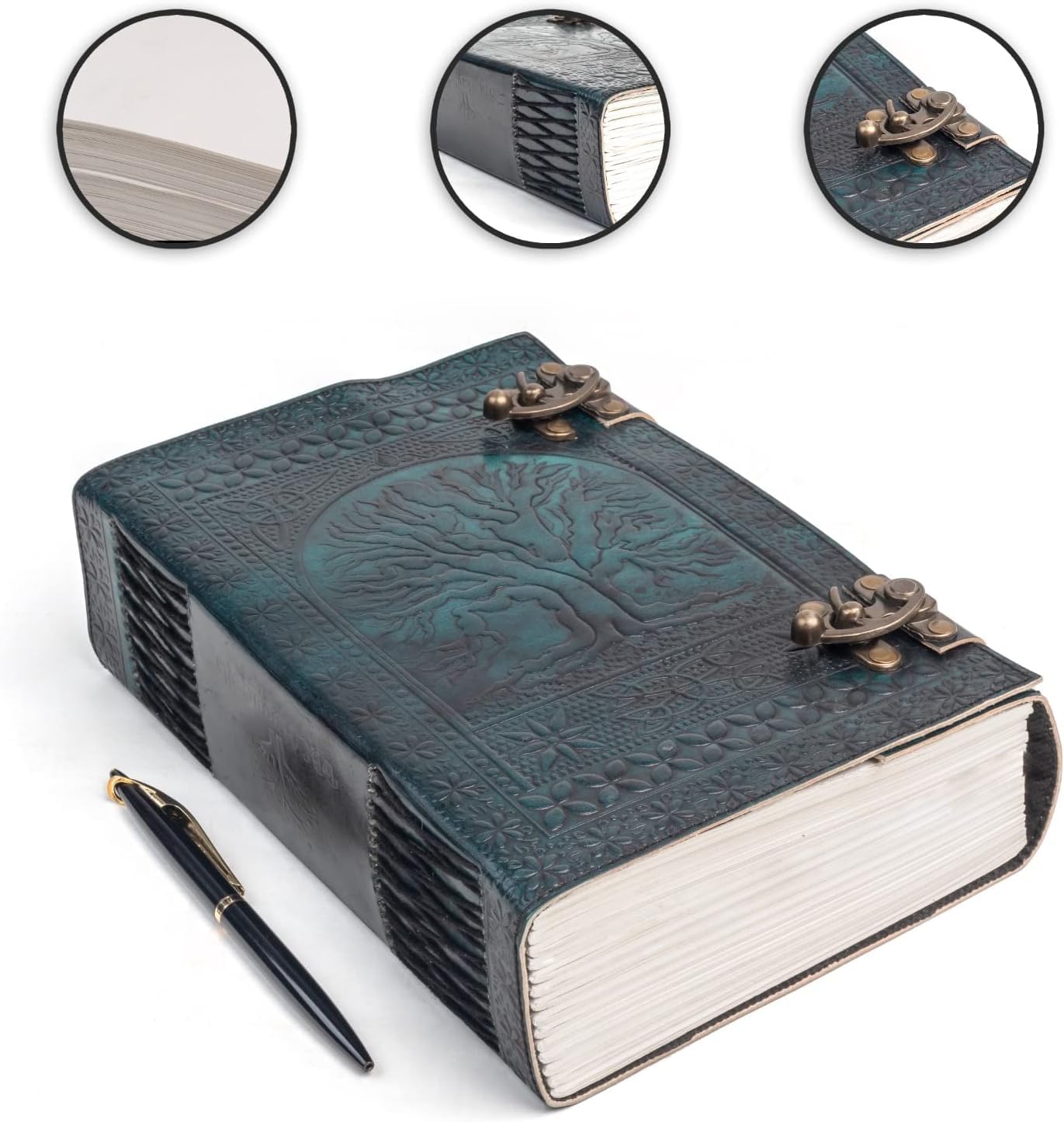 Handgefertigtes großes Leder-Tagebuch, 600 Seiten, geprägt, Baum des Lebens, Buch der Schatten, Notizbuch, 7 Chakra, Grimoire, Skizzenbuch, 17,8 x 25,4 cm, Lederbindung (grün)
