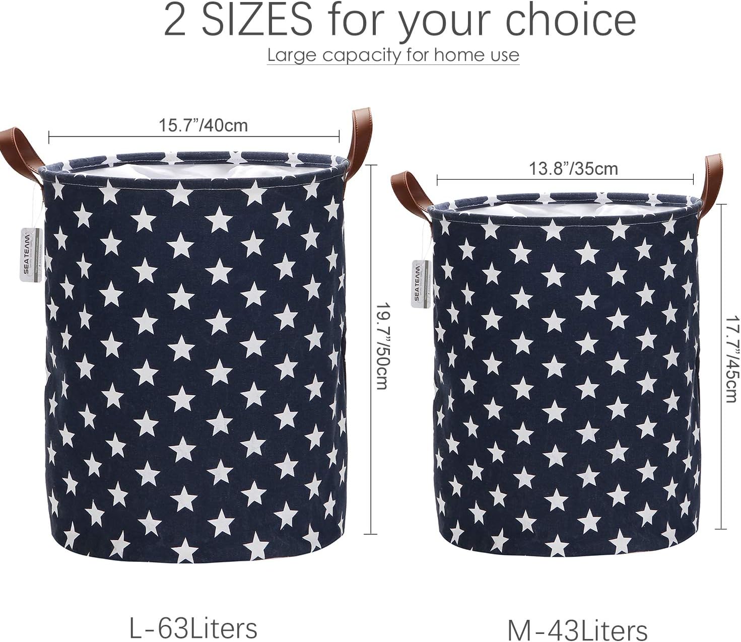 Sea Team Laundry Hamper Canvas Fabric Laundry Basket Collapsible Storage Bin with PU Leather Handles and Drawstring Closure (19.7"/Large, Star/Blue)