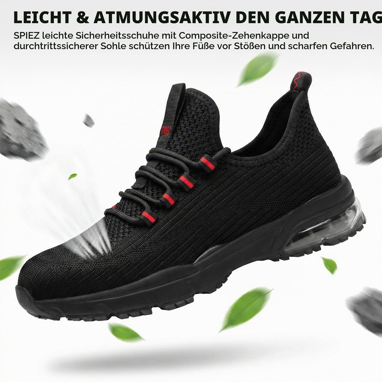 SPIEZ Arbeitsschuhe Herren Damen Leicht Sicherheitsschuhe Mit Luftpolster Kunststoffkappe, Atmungsaktiv Sportlich Schutzschuhe für BAU Industrie, Schwarz/Rot, EU 36–46