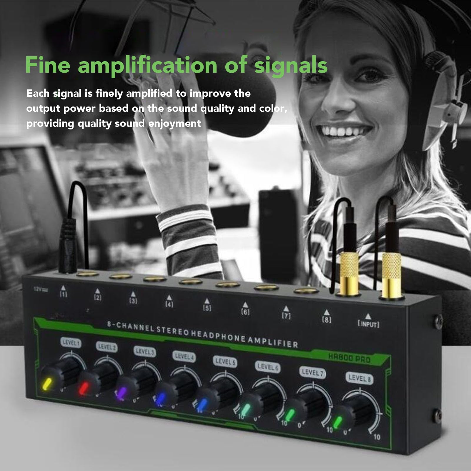 Jectse Amplificatore per Cuffie a 8 Canali, Amplificatore Audio per Cuffie Stereo in Metallo con Jack da 6,35 Mm, Controllo del Volume Multi Porte Splitter per Cuffie per Studi di