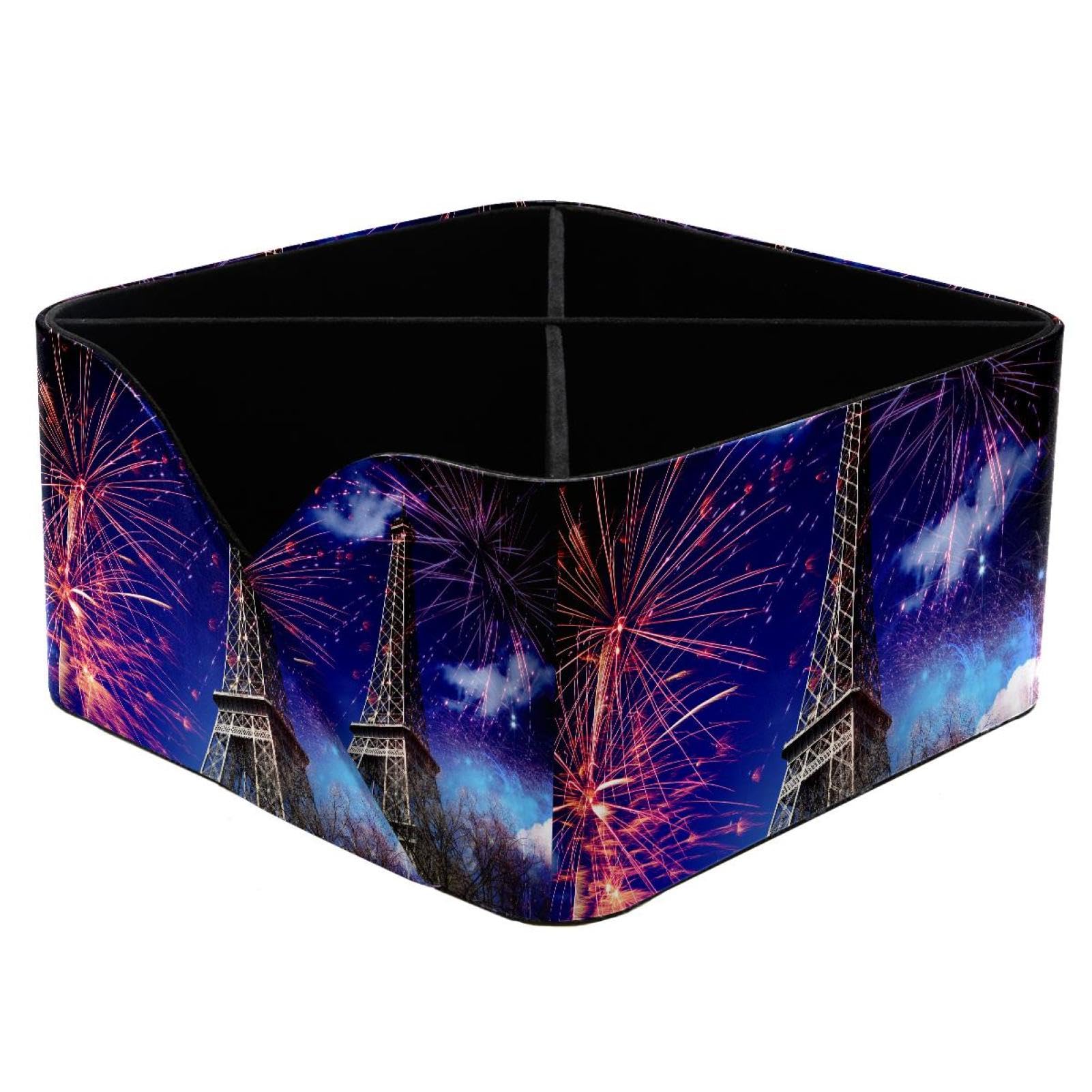 KengjuTesu Eiffel Tower Paris France with Fireworks Desktop Organizer Pen Holder, Rectangular Pencil Cup for Office, Study and Makeup Stations
