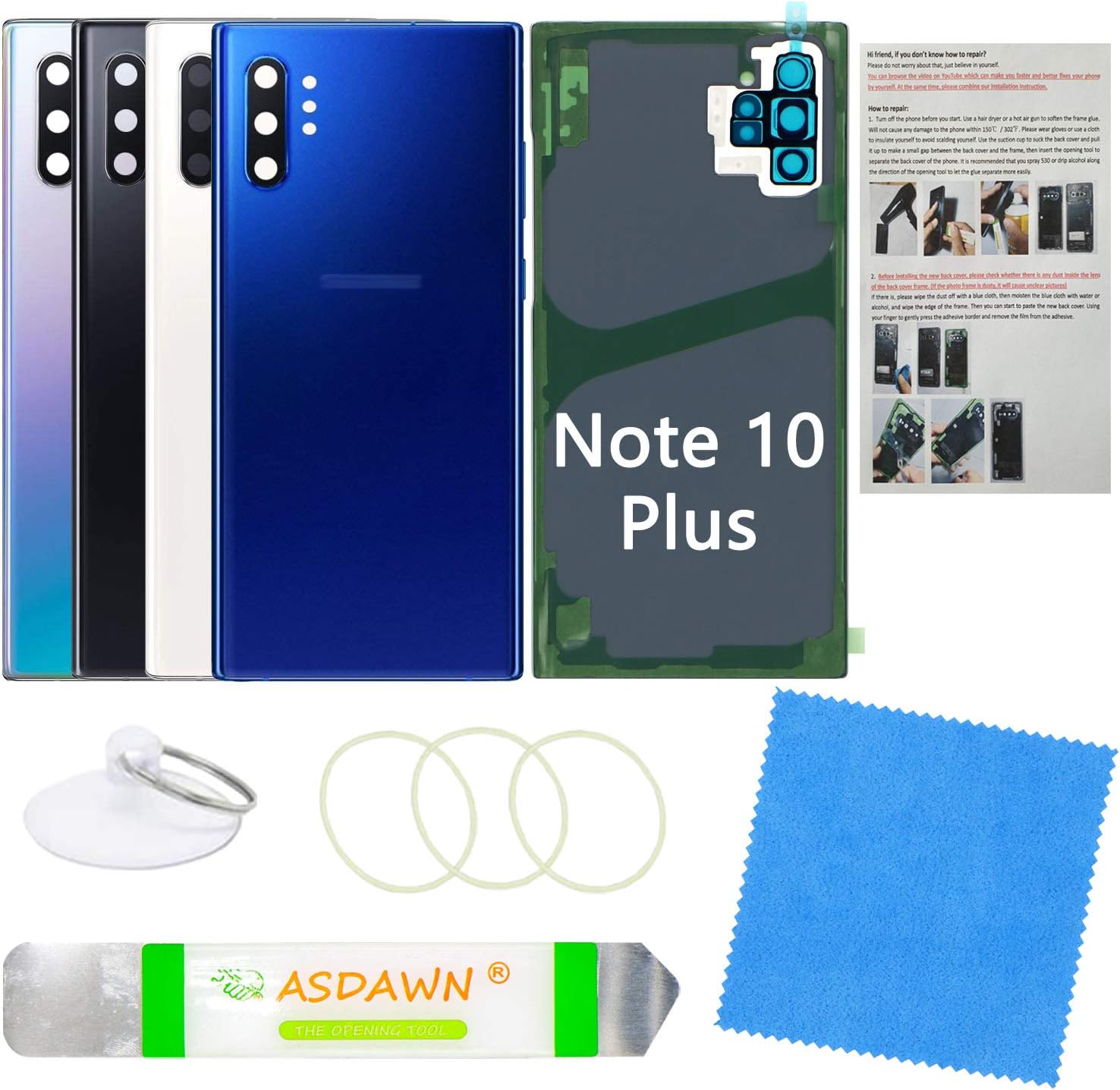 Galaxy Note 10+ Replacement Back Glass Panel Case w/Installation Manual+Pre-Installed Camera Lens+Repair Tool Kit for Samsung Galaxy Note 10 Plus SM-N975 All Carriers (Aura Blue)