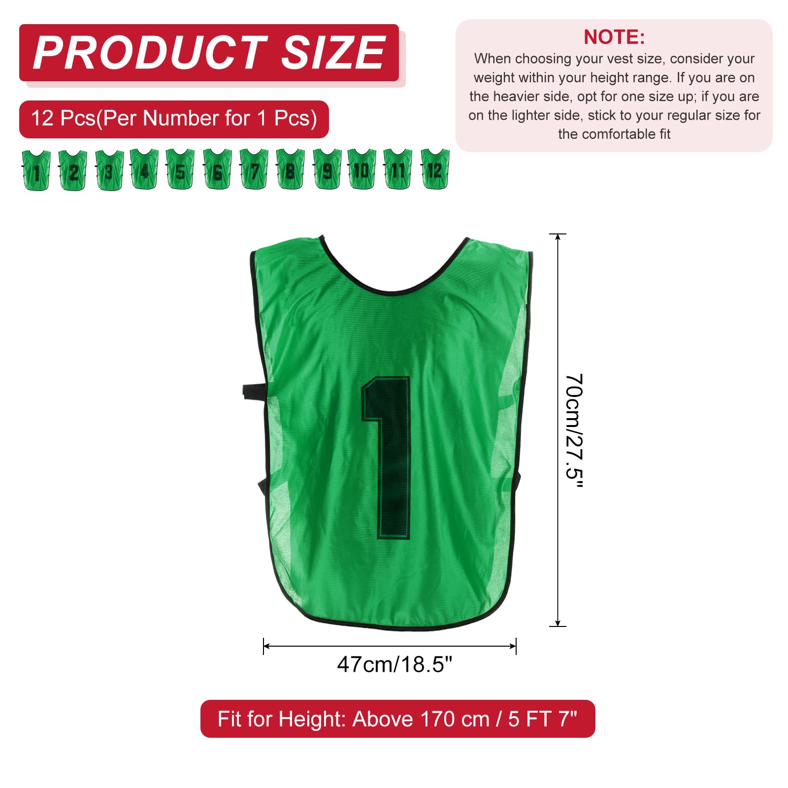 PATIKIL Lot de 12 gilets d'entraînement de football, réversibles, numérotés, avec ceinture pour adulte, 71,1 cm, vert foncé, vert foncé, 71 cm