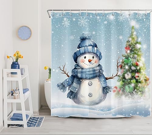 Miniatura 2 de LB Blue Christmas Snowman Shower Curtain for Bathroom, Christmas Tree and Snowflake in Winter Snow Scene Fabric Shower Curtain with Hooks, New Year