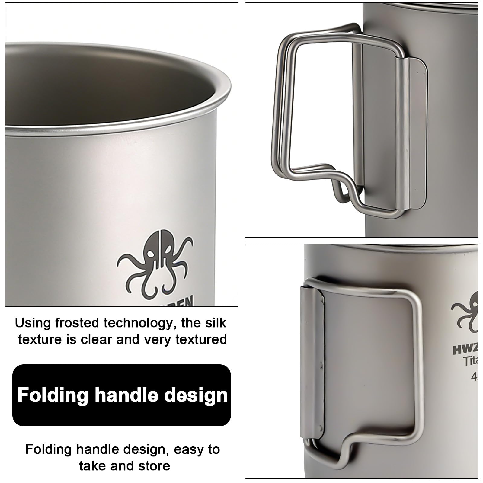 Camping Becher Titanium 420ml, Ultraleichte Titan Tasse mit Klappgriff & Tragbarem Beutel, Perfekt für Camping, Wandern und Picknick