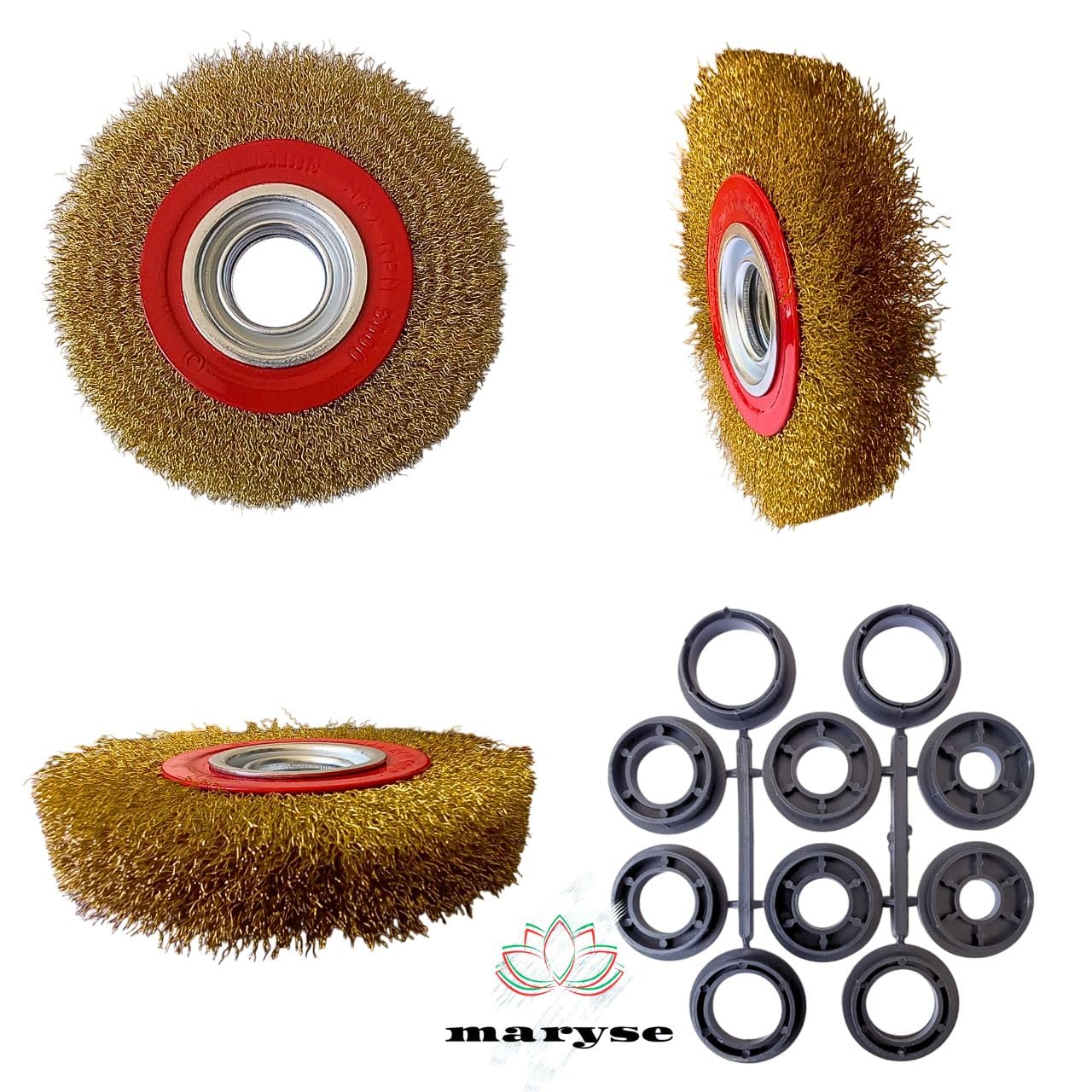 Spazzola Circolare per Mola da Banco Ø 150mm Setole Acciaio Ottonato con Adattatori Albero - Ideale per Pulizia, Sbavatura, Lucidatura Leggera e Rimozione Ruggine da Metallo, Legno e Altri Materiali
