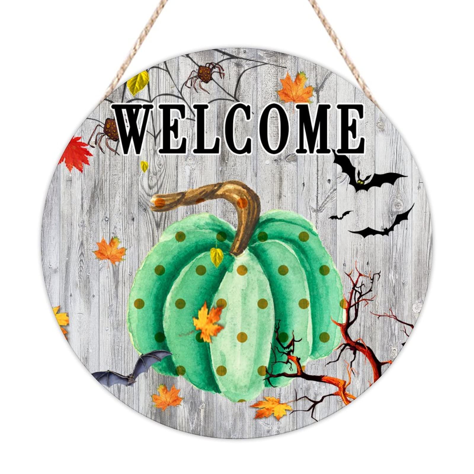 Panneau de bienvenue en bois citrouille verte au design minimaliste de 40.6 x 40.6 cm