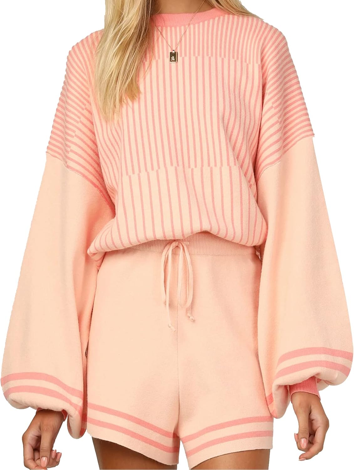 Flygo Women's Striped 2 Piece Knit Outfits Casual Long Puff Sleeve Pullover Sweater Shorts Set