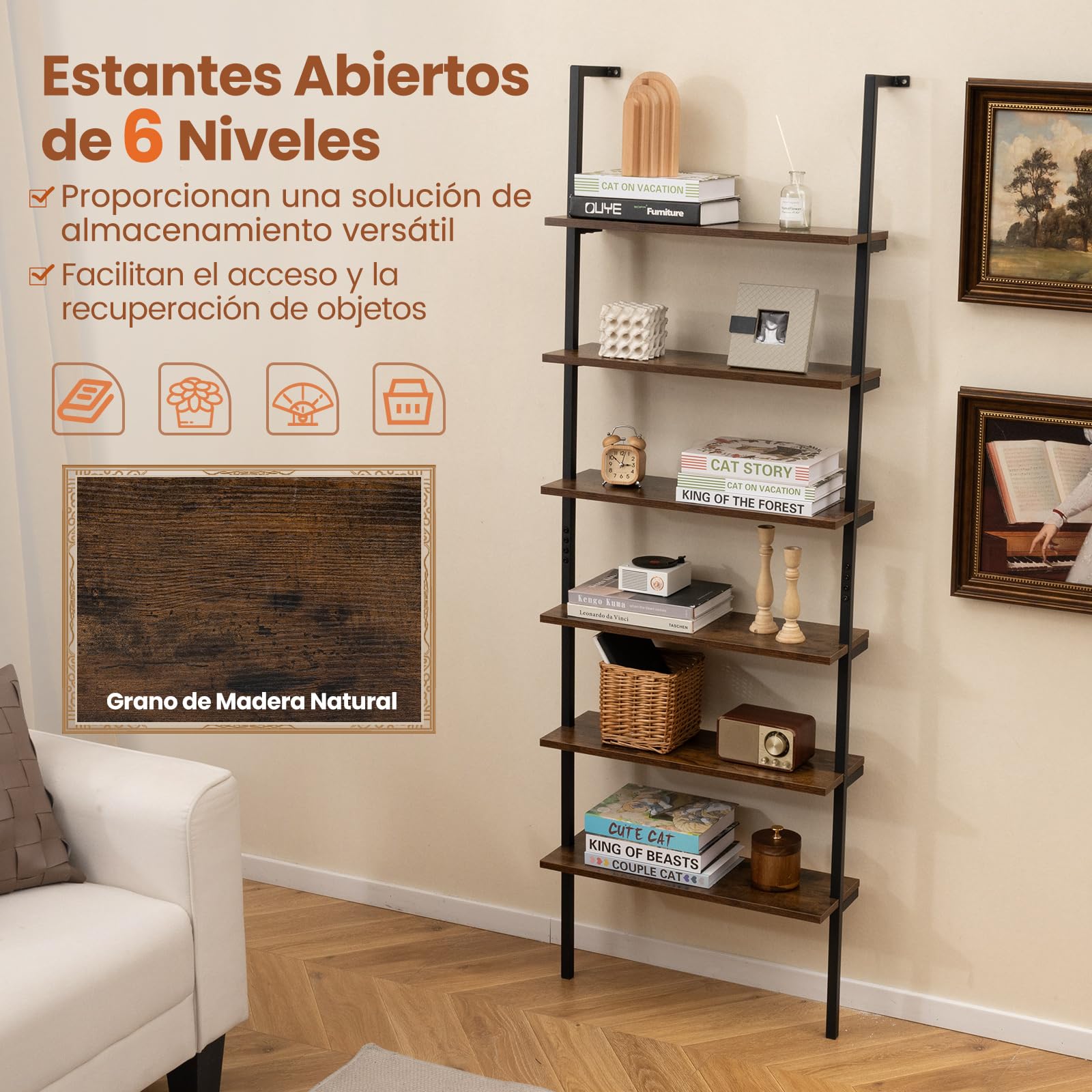 COSTWAY 6 Niveles Estantería Escalera, Estantería Librería de Pared con Estructura Metálica, Estantería Industrial de Madera para Oficina, Sala de Estar, Dormitorio, 60 x 20 x 183 cm (Marrón)