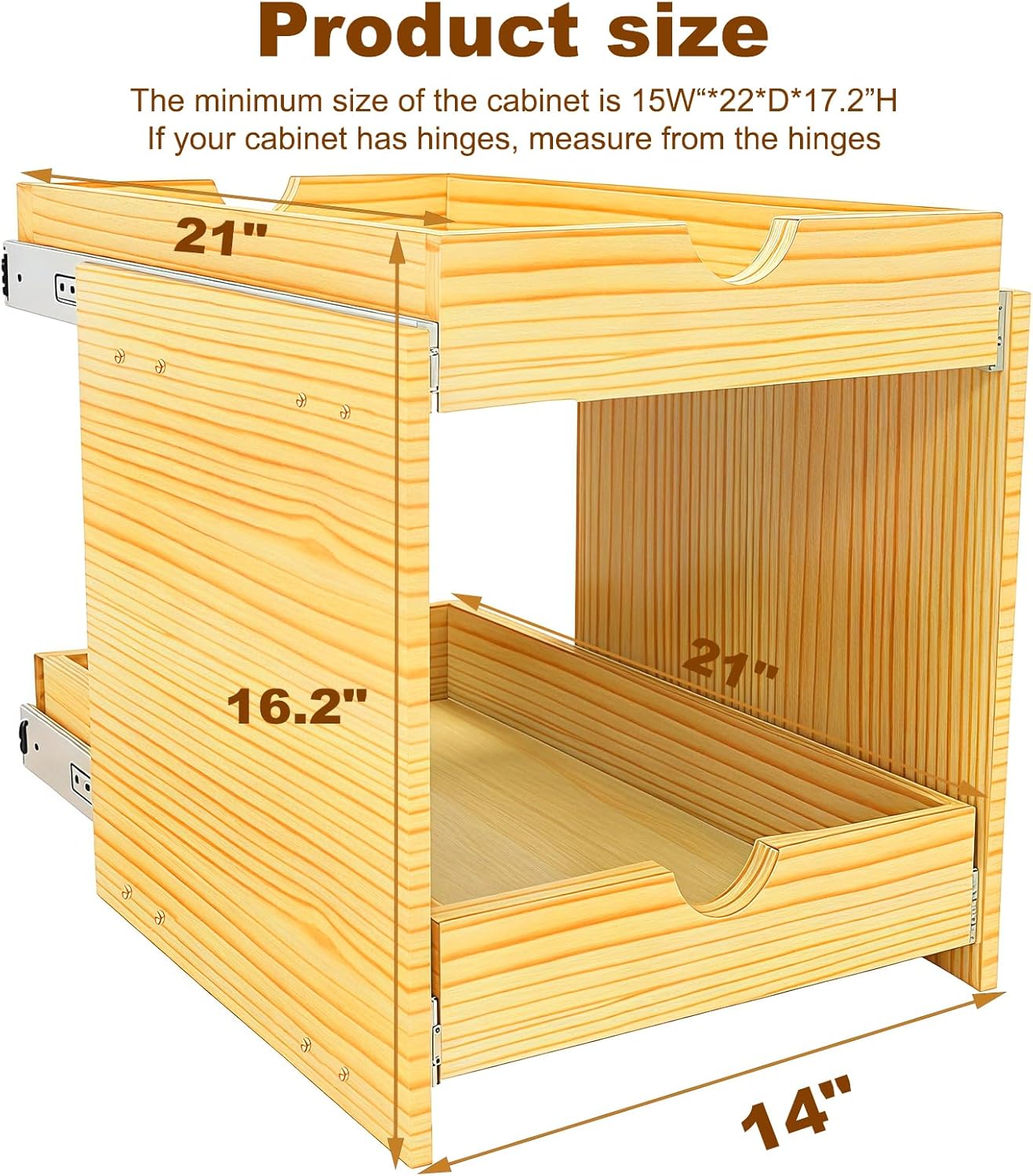 2 Tier Pull Out Cabinet Organizer 14''W×21''D×16.2''H Heavy Duty Slide Out Wood Sliding Drawer, Cabinet Shelf Pull Out Drawer Storage Organizer for Kitchen Pantry Bathroom