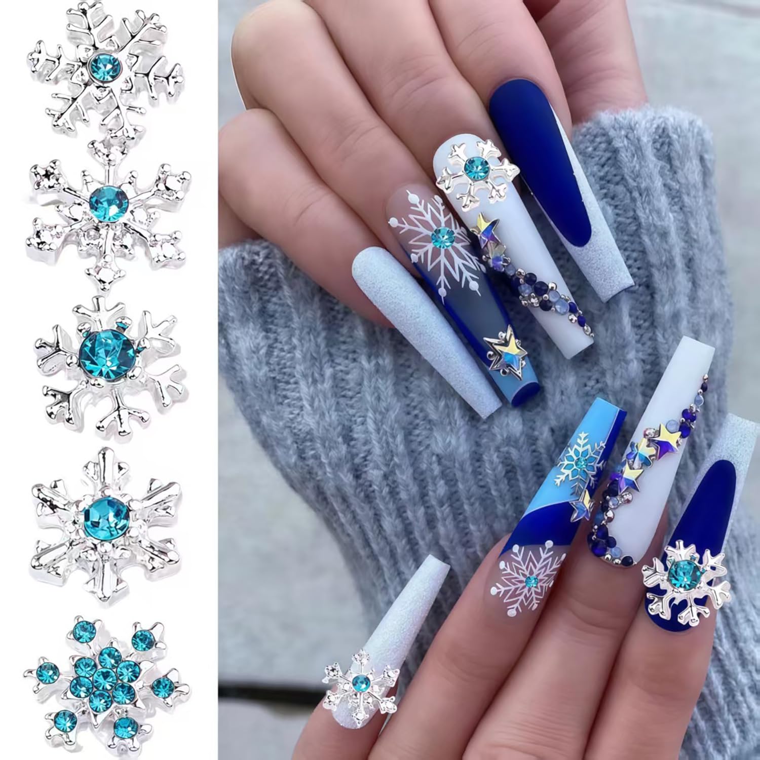 20 ciondoli per unghie a forma di fiocco di neve, argento lucido, blu, inverno, Natale, fiocco di neve, strass, design fiocchi di neve, ciondoli per unghie acriliche, unghie di Natale, gioielli per