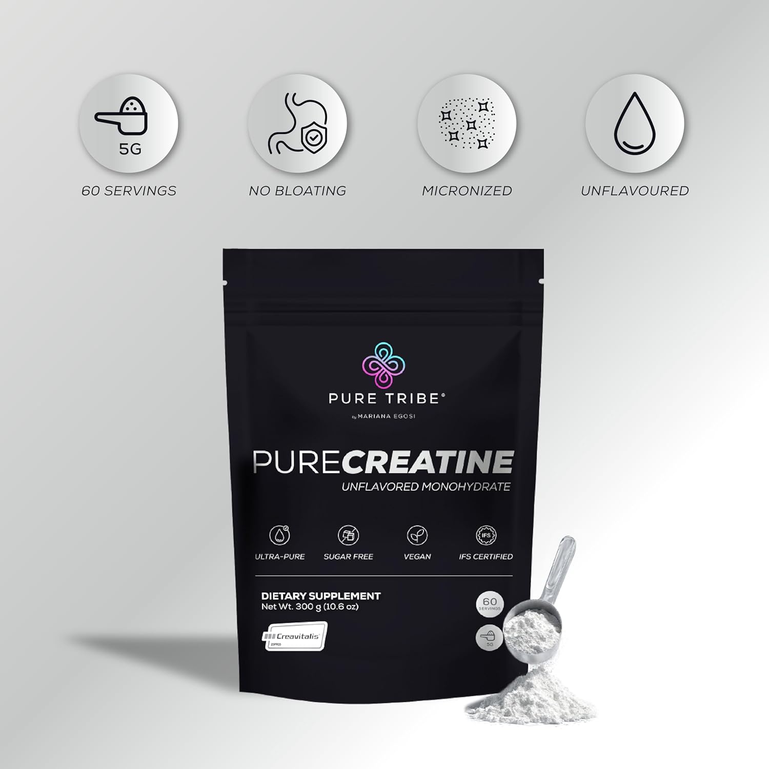 PURE TRIBE PureCreatine – Micronized Creatine Monohydrate Powered by Creavitalis – Unflavored Creatine Monohydrate Powder for Energy & Recovery – No Bloating, Easy Digestion – 5g per Scoop, 300g