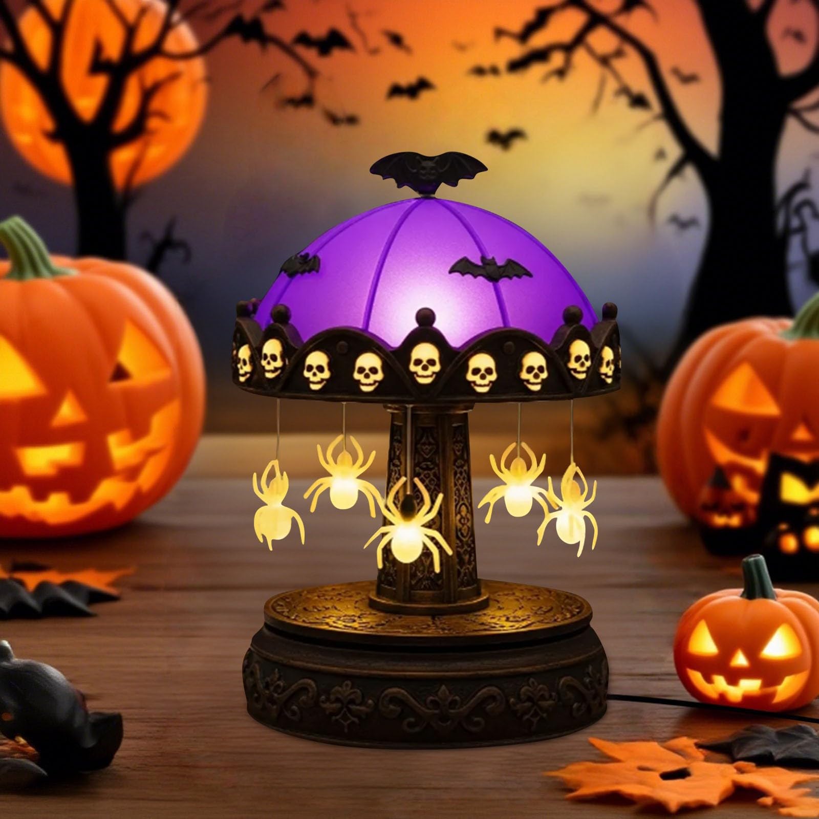 Geisterkarussell-Lampe Halloween – USB-aufladbar, 19x11 Cm, Lila Buntglas & Kupfer, Nicht Drehbar