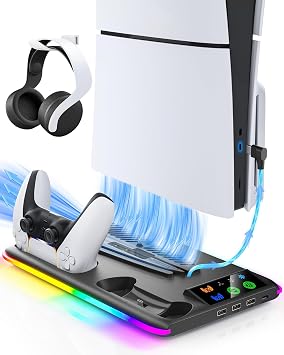 Honghao Controller Charger for PS5/PS5 Slim/Pro PS5 Cooling Fan and Controller Charger Station, PS5/PS5 Slim Stand Accessories Vertical Charging Dock Stand for PlayStation 5 Black