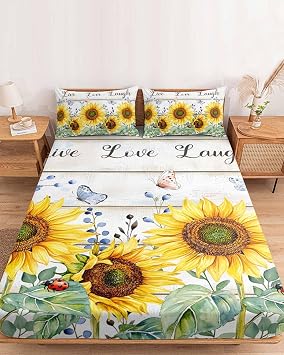 Bedding King Size Fitted Sheets Fit 5"-16" Deep Pocket Mattress,Yellow Sunflower Butterfly Watercolor Leaves Soft Bottom Sheet Farm Wood Grain Fitted Sheet Bed Set with Pillow Case