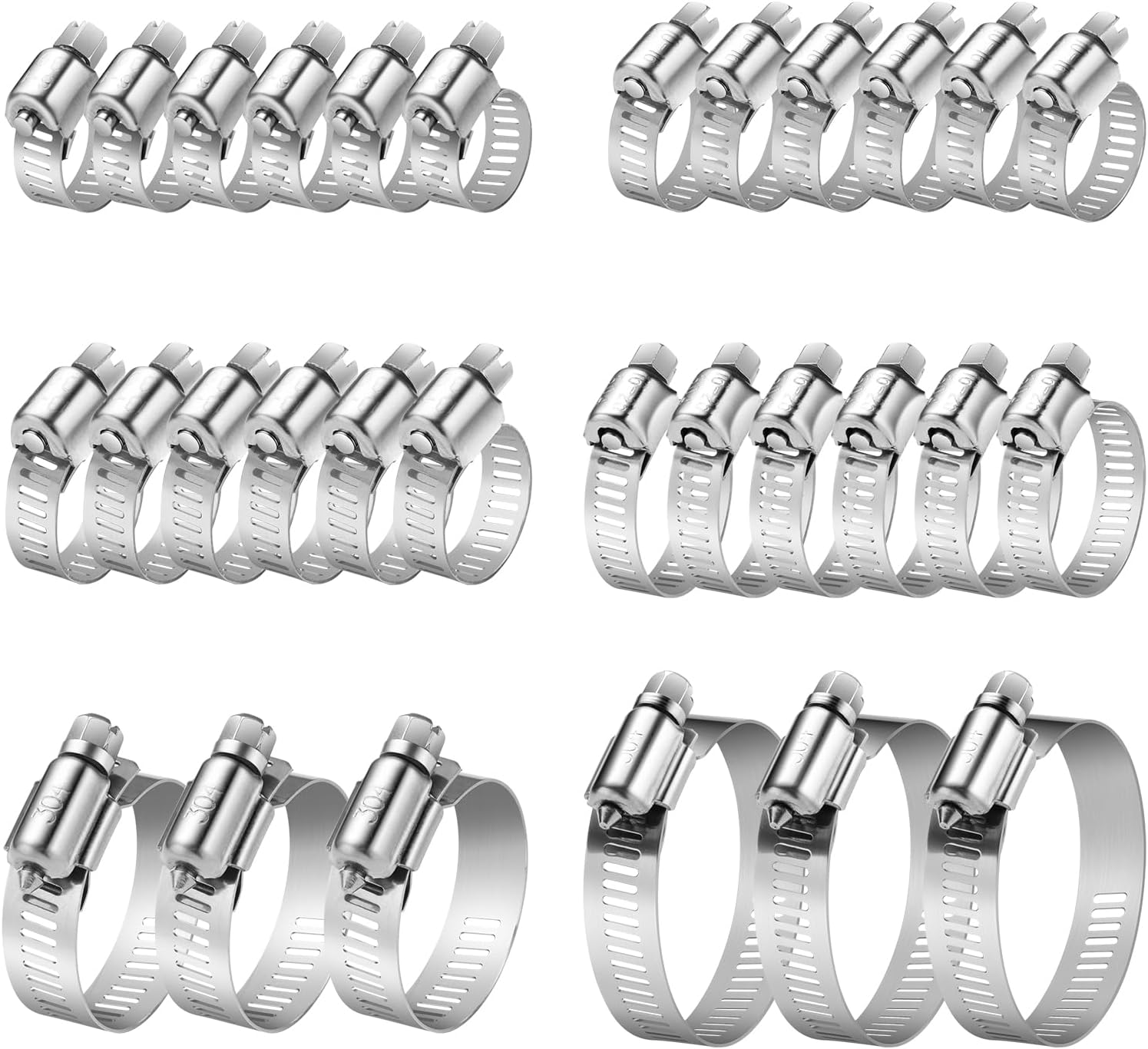 30Pcs Hose Clamps, 304 Stainless Steel Hose Clamp Assortment Kit, Adjustable Worm Gear hose Clamps, 1/4 to 2 Inch (6-51MM), for Fuel Line, Plumbing, Pipe, Tube, Automotive, Mechanical