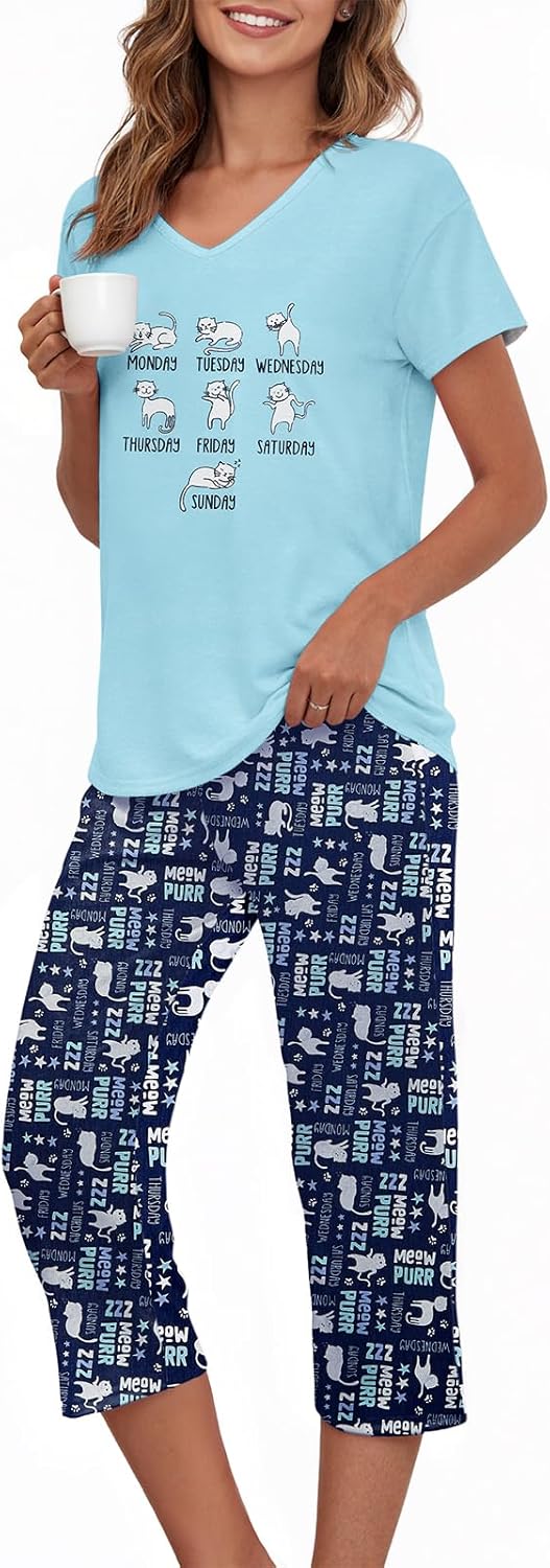 American Trends Womens Pajama Sets Cotton Blend Short Sleeve Sleepwear Soft Capri Pjs for Lounging Two Piece Set S-3XL