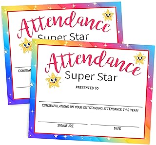 Attendance Certificates of Recognition, Super Star Award Certificates for Students, Certificate of Achievement, Back to School Teacher Supplies, Attendance Certificate Gifts for Kids, 25 Pcs (06)