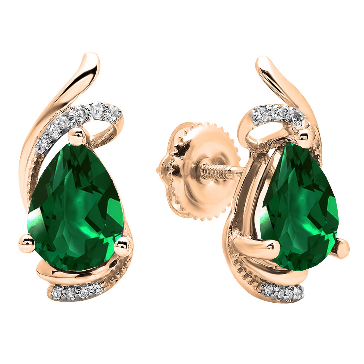 Dazzlingrock Collection 8X6mm Each Pear Lab Created Emerald & Round Diamond Womens Fashion Teardrop Stud Earrings, 10K Solid Rose Gold