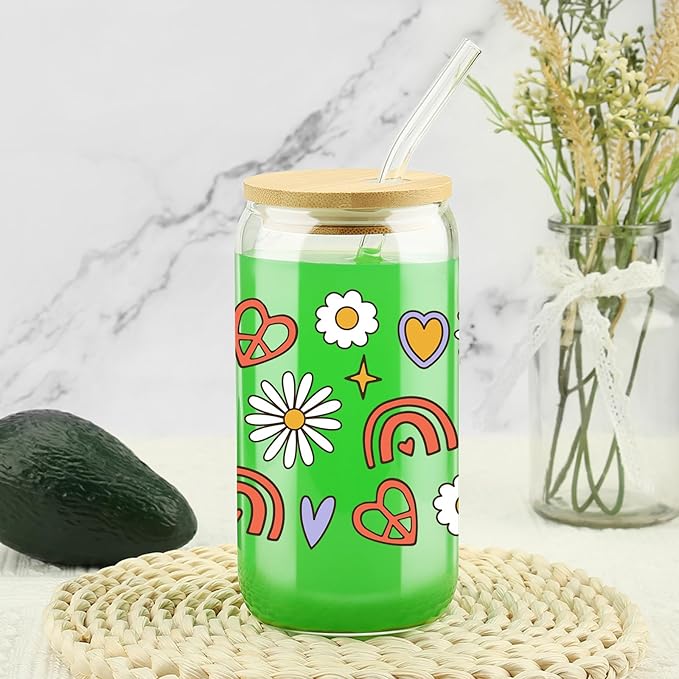Vaso de Vidrio Retro Groovy de 16 oz con Tapa y Pajilla HBESTIE miniatura 8