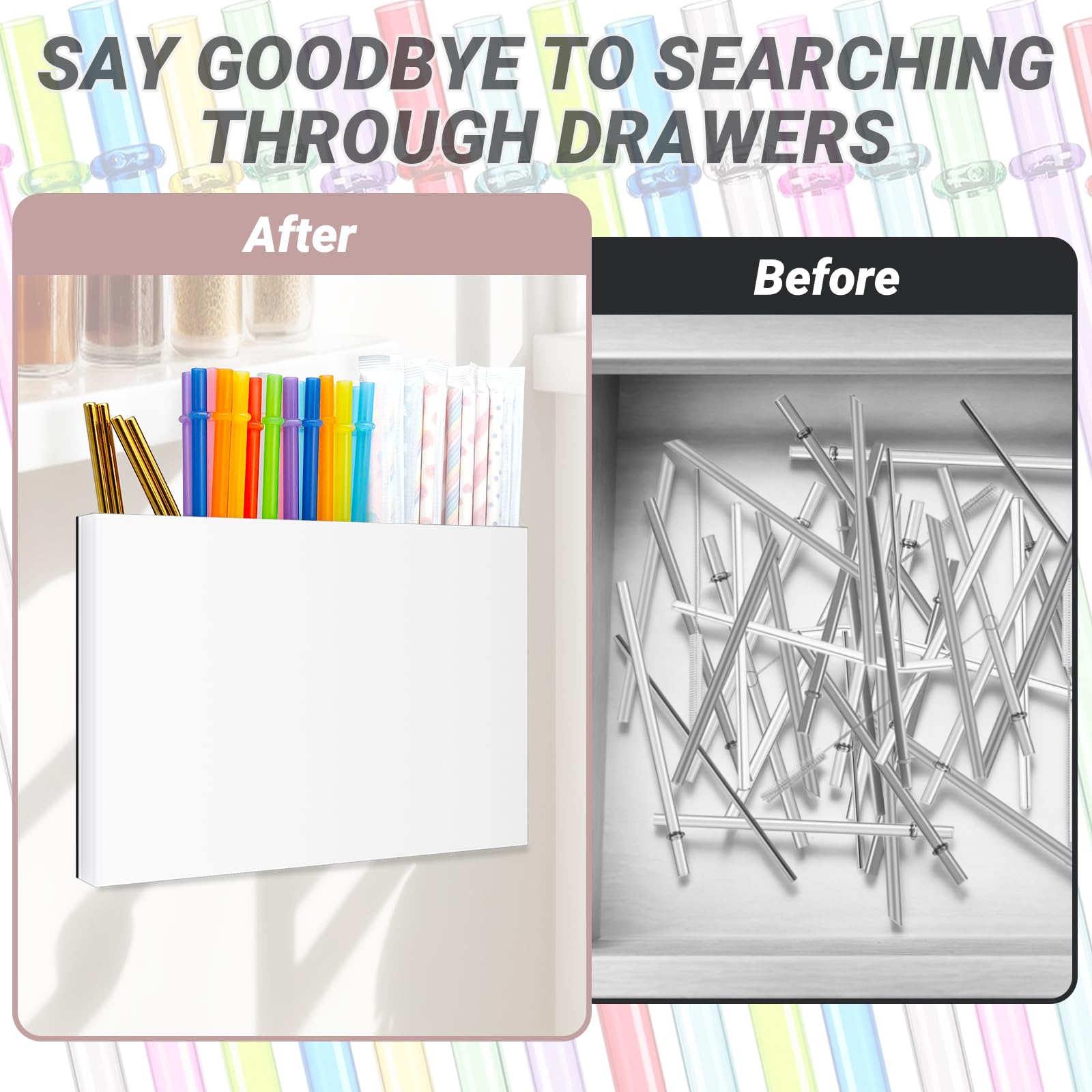 Magnetic Acrylic Straw Holder – Cabinet Door Organizer With Double-Sided Tape, 5-Compartment For Tall Straws & Brushes - View #12