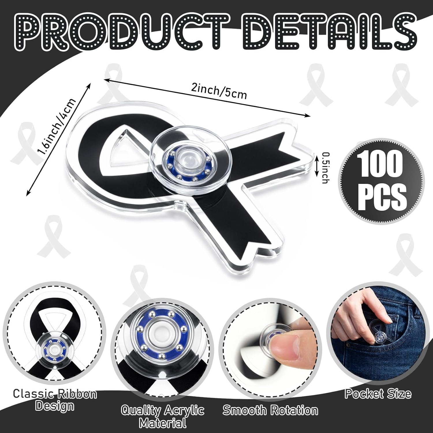Arrowbash 100 Pcs Black Ribbon Fidget Spinners Bulk Melanoma Skin Cancer Awareness Acrylic Fidget Spinners Sleeping Disorder Awareness Gifts for Charity Public Social Event Graduation Funeral Memorial