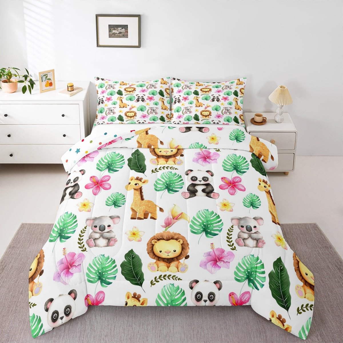 Feelyou Toddler Zoo Animal Bedding Set King Size Kids Cute Koala Panda Comforter Set Cartoon Lion Giraffe Down Comforter for Boys Girls Teens Children Pink Flowers Green Leaves Jungle Quilt Set 3Pcs