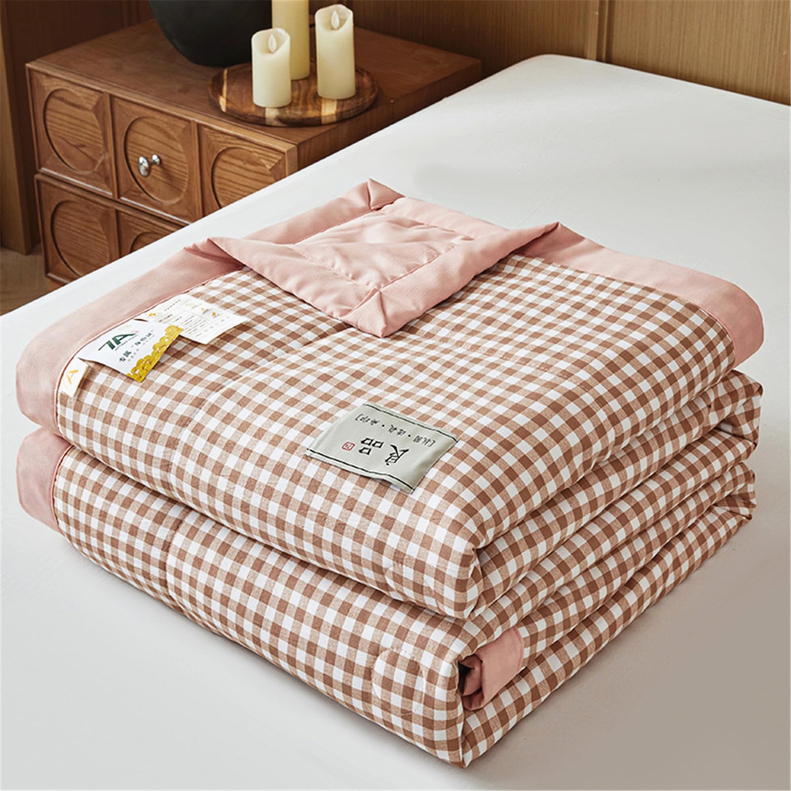 Odot Colchas Cama 90/135/150 Modernas para Verano y Entretiempo, Colcha Bouti Reversible Multiusos Cubrecama Suave y Transpirable Colchas Acolchado, Color Sólido Cuadros (Rosa,150x200cm)