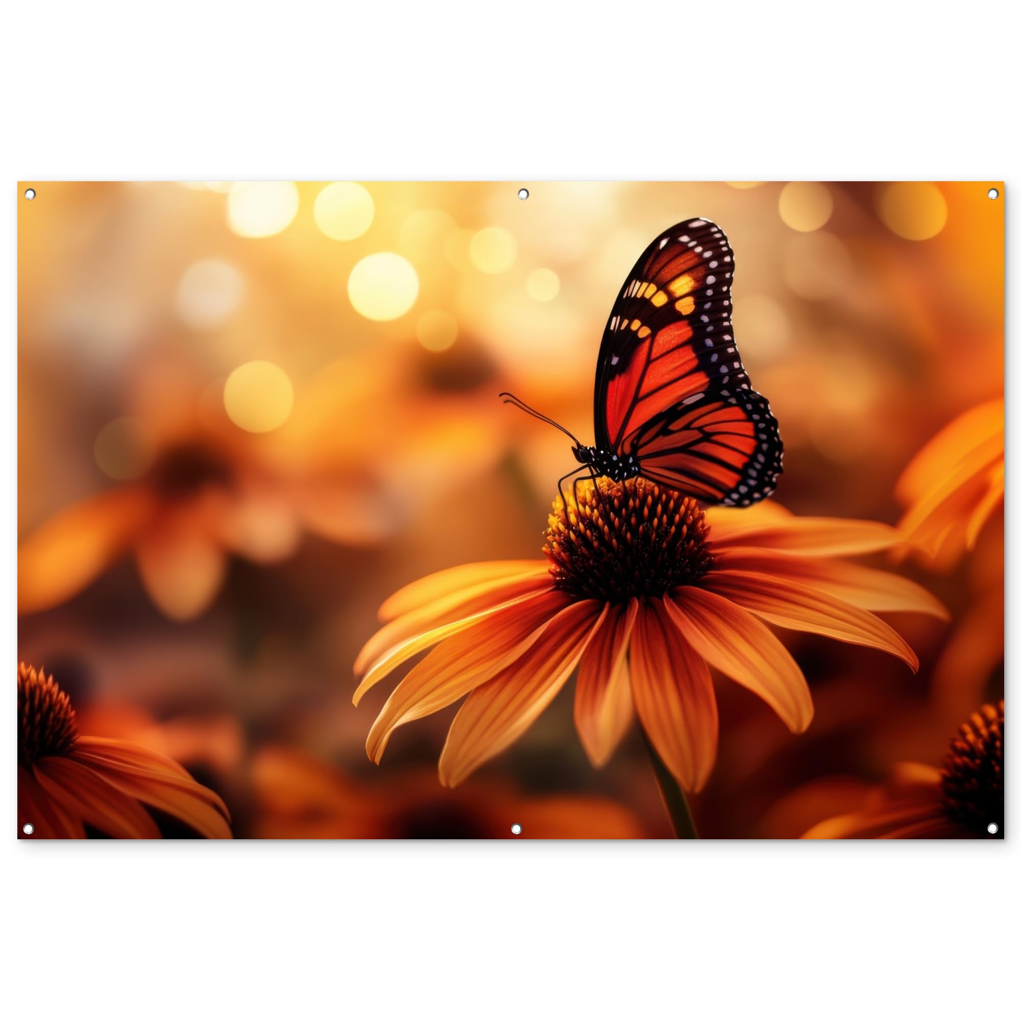 MuchoWow© Poster De Jardin Decoracion Balcón Wall Decoration Adornos Pared | 180x120 cm - Terraza Exterior Decoración Patio Posters Decorativos Mariposa - Flores - Naranja