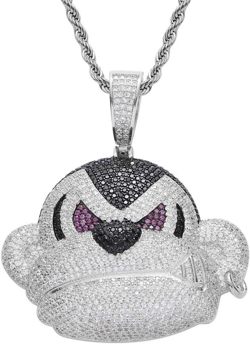 Iced Out Fashion Hunk Gorilla Pendant with Rope Chain, 14K Gold Plated Full Shiny CZ Diamonds Urban Street Wear Necklace, Hip Hop Jewelry for Men Women (White, 24")