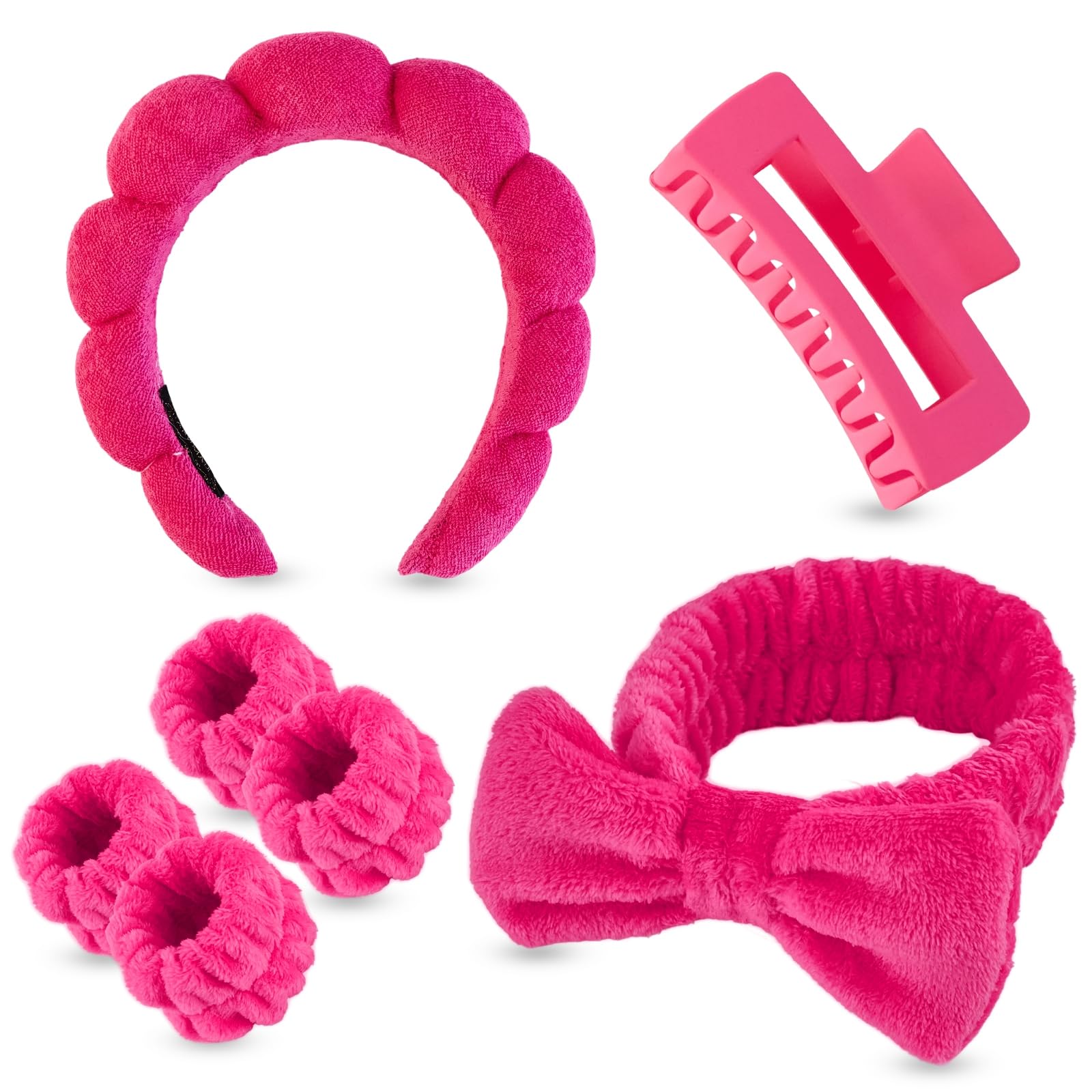 Juego de 7 piezas de spa, diadema facial y pulsera, accesorios para el cuidado de la piel, regalos de estilo universitario, accesorios para el cabello para mujeres y niñas (rosa intenso)