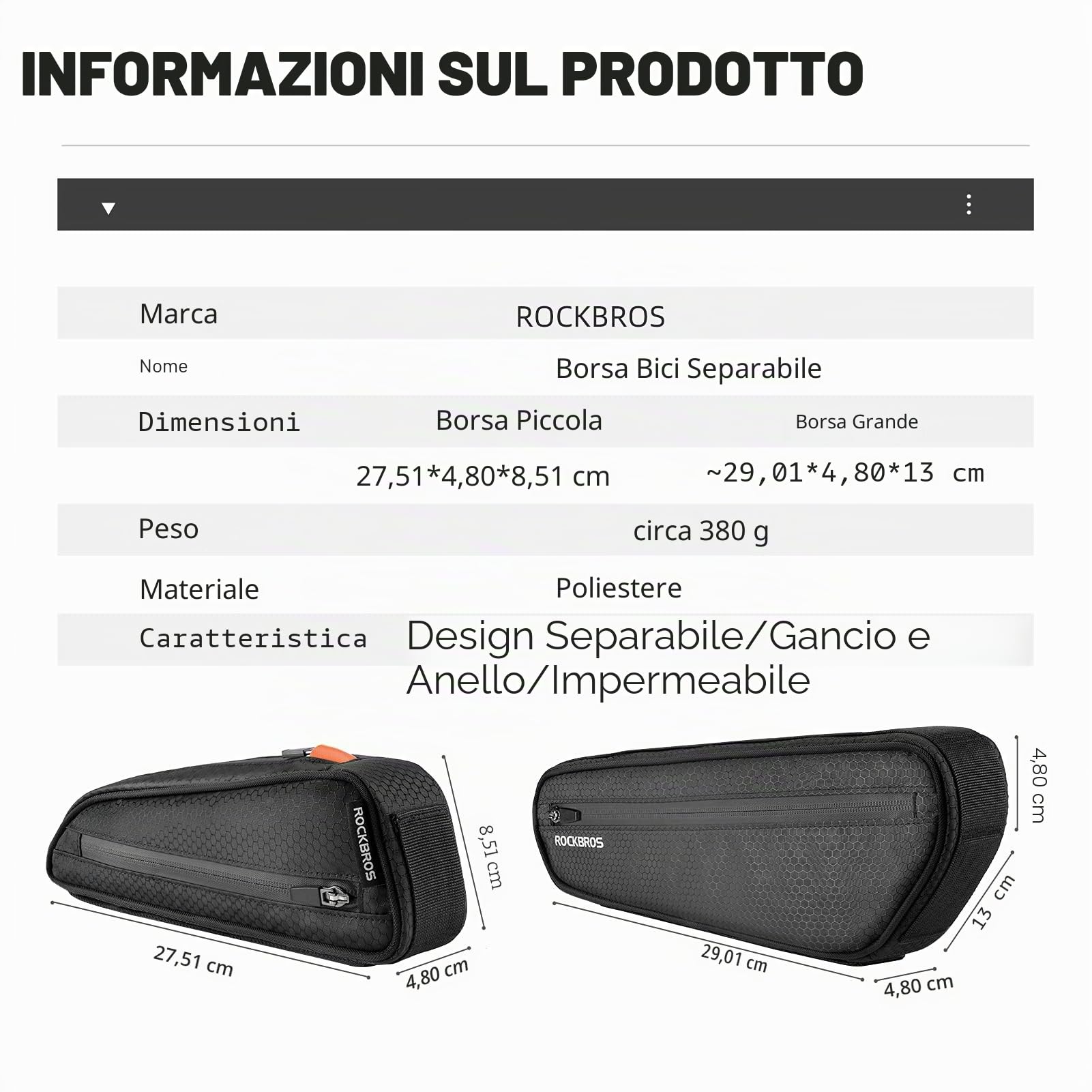 ROCKBROS Borsa Bici da Telaio, Borsa Tubo Centrale per Bicicletta MTB Impermeabile, Grande Capacità ca. 2.5L, 2 in 1 Design Divisibile Multifunzionale, Accessori Bici
