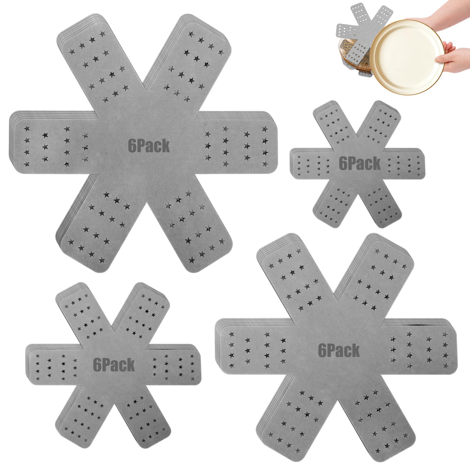 24Pcs Pan Protectors, Gray Pan Protectors With Stars, 4 Different Sizes, Pot Separators for Stacking Cookware in Kitchen Cupboard(Gray 24PCS)